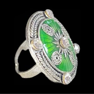 Ring Boho Glam Regency Mandala Green Enamel and Silver Toned Rhinestones